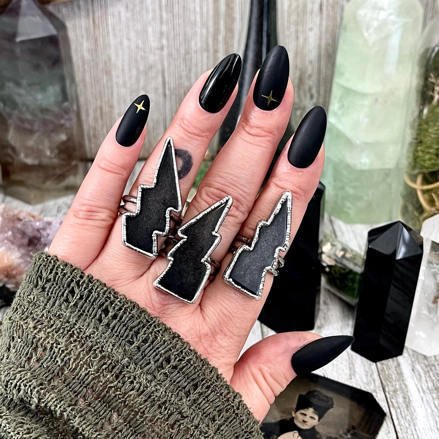 Black Onyx Lightning Bolt Ring Size 6 7 8 9 10 11 / Foxlark Collection / Ring For Women Gothic Jewelry Halloween Jewelry Black Stone Ring