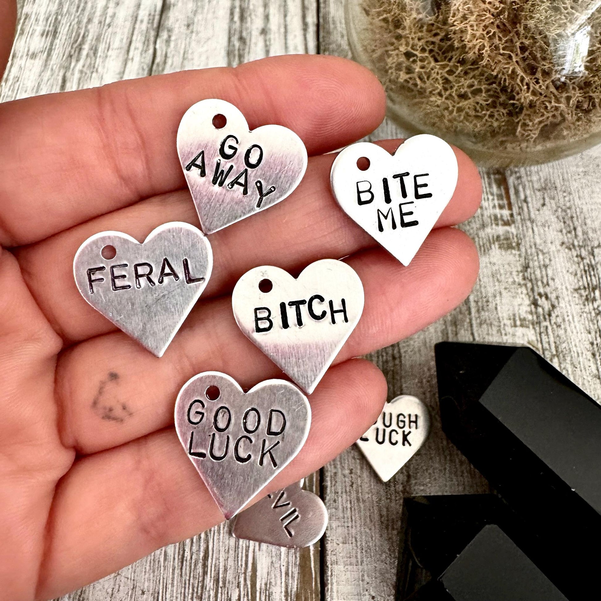 Sarcastic Hand Stamped Necklace Charm Custom Heart Shaped Jewelry, Personalized Funny Gift / Curse Word Necklace Fuck Off Necklace Bitch