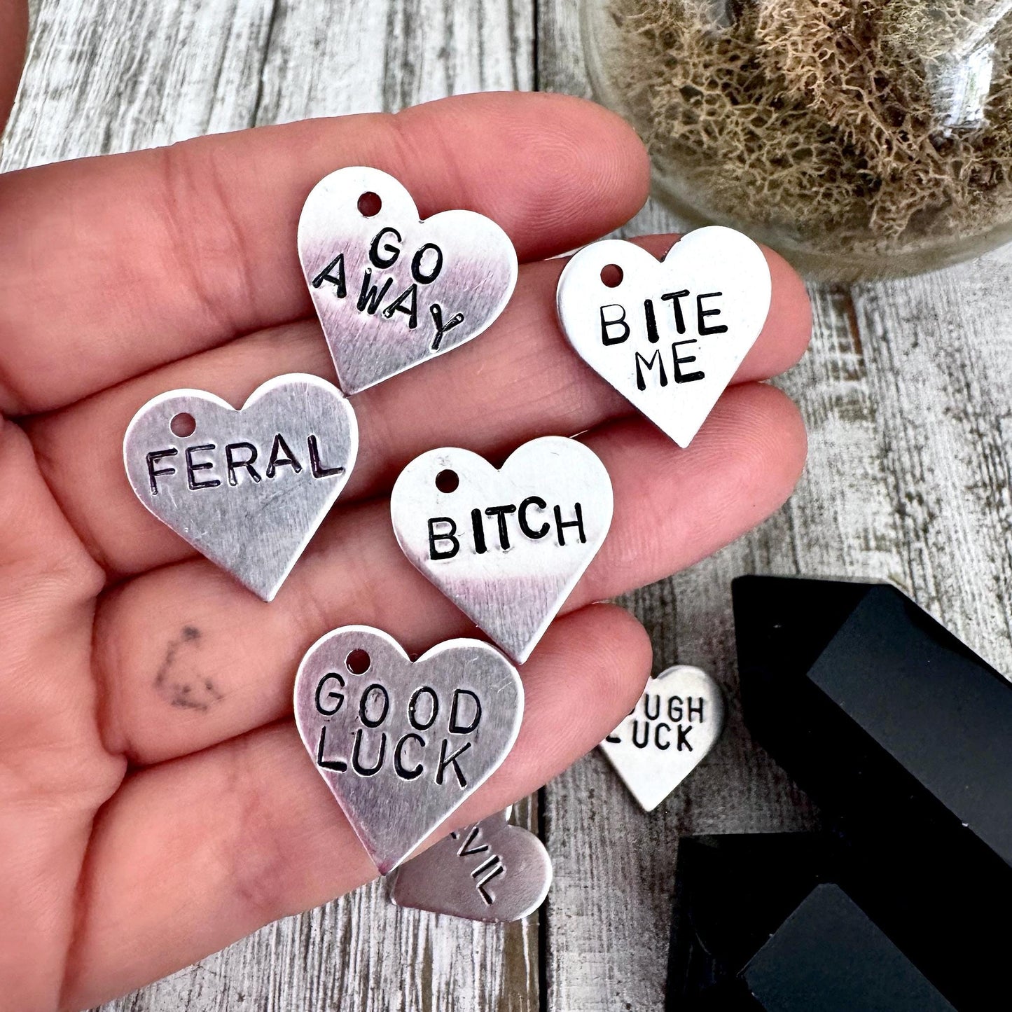 Custom Hand Stamped Necklace Bold Heart Shaped Jewelry, Personalized Funny Gift for Women / Feral Necklace Bitch Necklace Bite Me Necklace