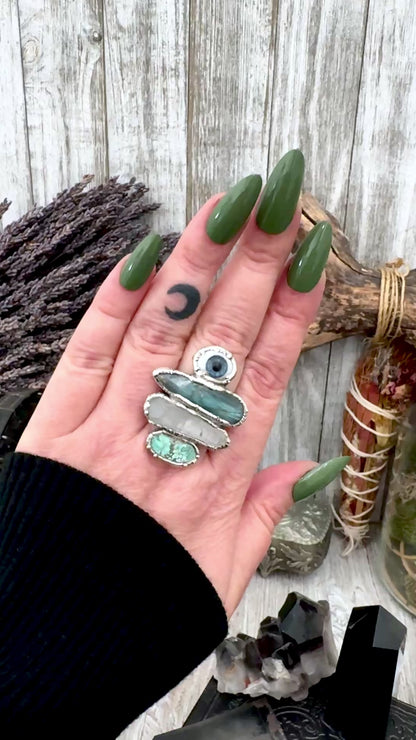 Multi Stone Glass Eye Labradorite Clear Quartz & Turquoise Ring In Fine Silver Size 9 / Foxlark Collection