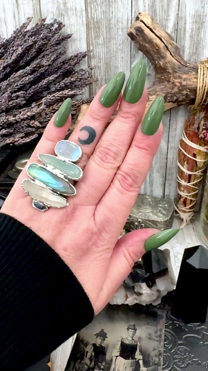 Multi Stone Blue Kyanite Clear Quartz Labradorite Blue Chalcedony & Rainbow Moonstone Ring In Fine Silver Size 8 / Foxlark Collection