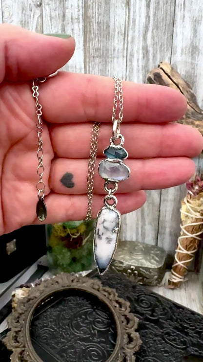 Multi Stone Blue Kyanite, Moonstone and Rainbow Moonstone with Black Tourmaline Charm Necklace in Fine Silver / Foxlark Collection