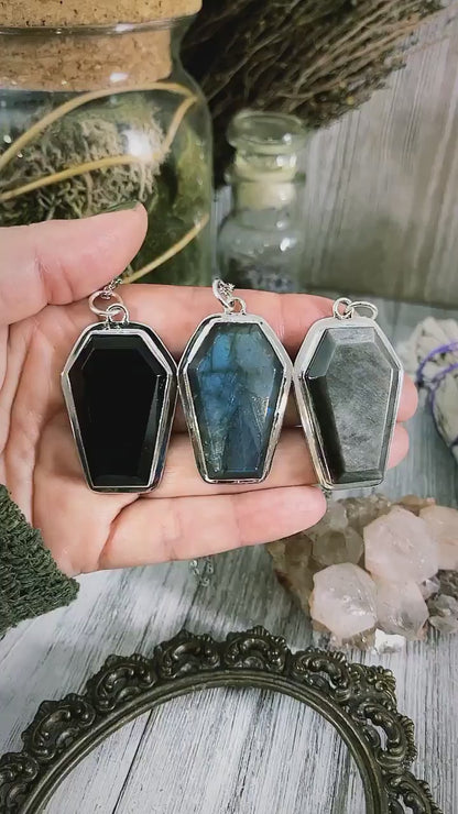 Big Chunky Crystal Coffin Necklace in Sterling Silver- Black Onyx, Labradorite or Silver Sheen Obsidian -Designed by FOXLARK Collection