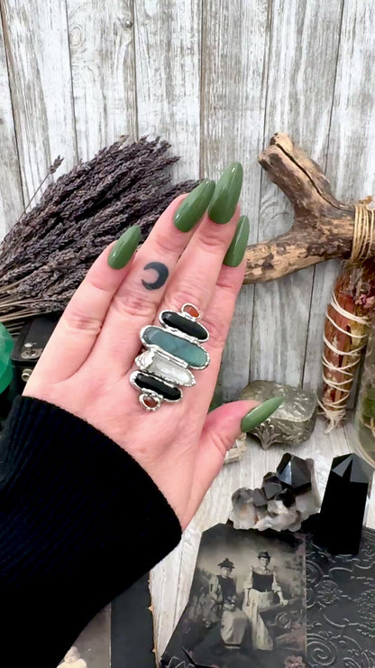 Multi Stone Carnelian Black Onyx Clear Quartz & Labradorite Ring In Fine Silver Size 9 / Foxlark Collection