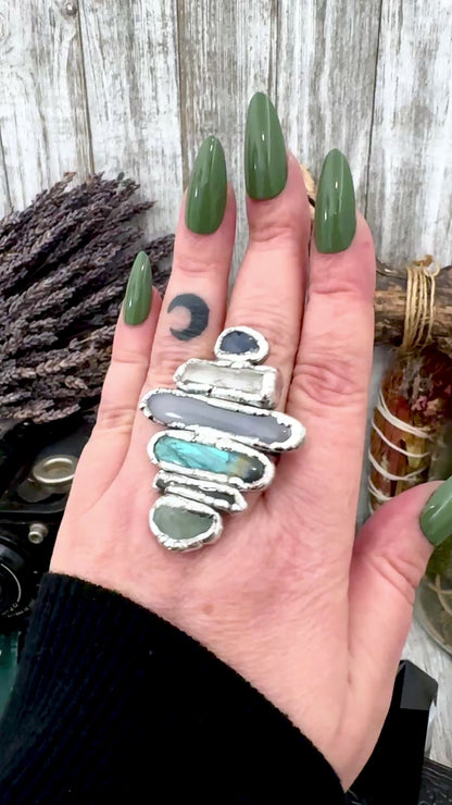 Multi Stone Amazonite Smoky Quartz Labradorite Blue Chalcedony Clear Quartz & Sapphire Ring In Fine Silver Size 9 / Foxlark Collection