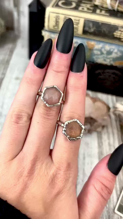 Peach Moonstone Ring Fine Silver Small Faceted Stone Ring Size 5 6 7 8 9 10 11 / Foxlark Collection