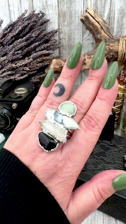 Multi Stone Black Onyx Clear Quartz Dendritic Agate & Amazonite Ring In Fine Silver Size 10.5 / Foxlark Collection
