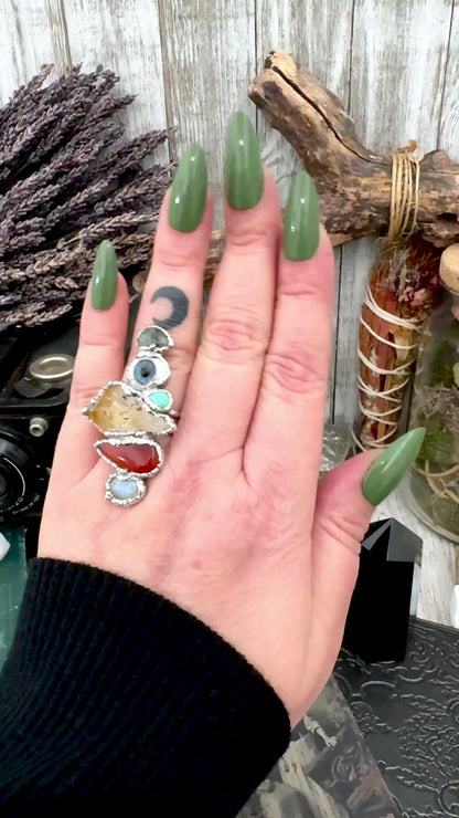 Multi Stone Moss Agate Glass Eye Turquoise Citrine Carnelian & Rainbow Moonstone Ring In Fine Silver Size 8 / Foxlark Collection