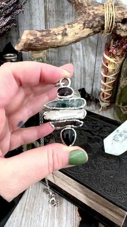 Multi Stone Garnet Moss Agate Raw Clear Quartz Raw Smoky Quartz Black Onyx Crystal Necklace Fine Silver / Foxlark Collection