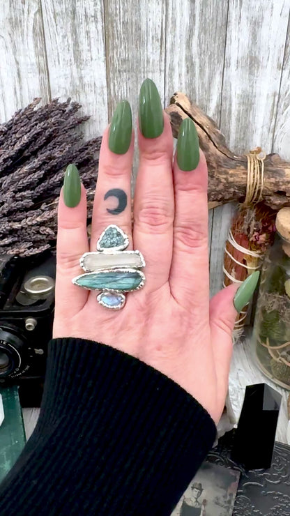 Multi Stone Turquoise Clear Quartz Labradorite & Rainbow Moonstone Ring In Fine Silver Size 8 / Foxlark Collection