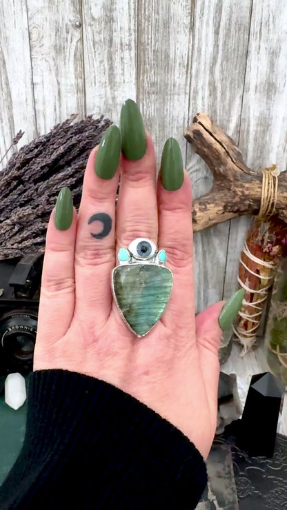 Multi Stone Turquoise Glass Eye  & Labradorite  Ring In Fine Silver Size 9 / Foxlark Collection