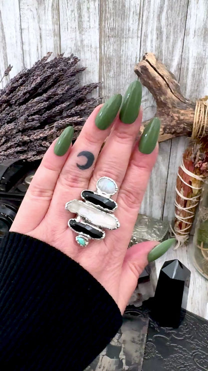 Multi Stone Turquoise Black Onyx Clear Quartz & Rainbow Moonstone Ring In Fine Silver Size 10 / Foxlark Collection