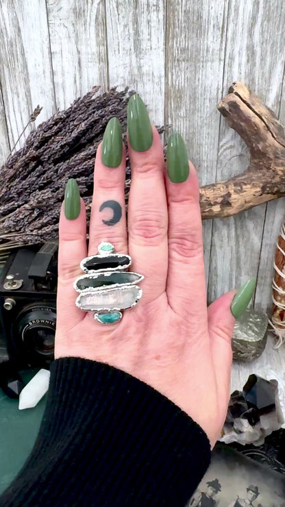 Multi Stone Turquoise Black Onyx Moss Agate & Clear Quartz Ring In Fine Silver Size 8 / Foxlark Collection
