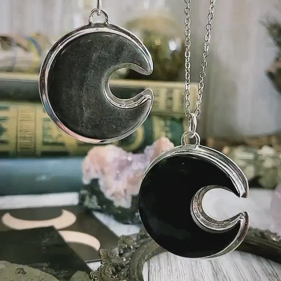 Crescent Moon Black Onyx Crystal Necklace in Sterling Silver / Designed by FOXLARK Collection