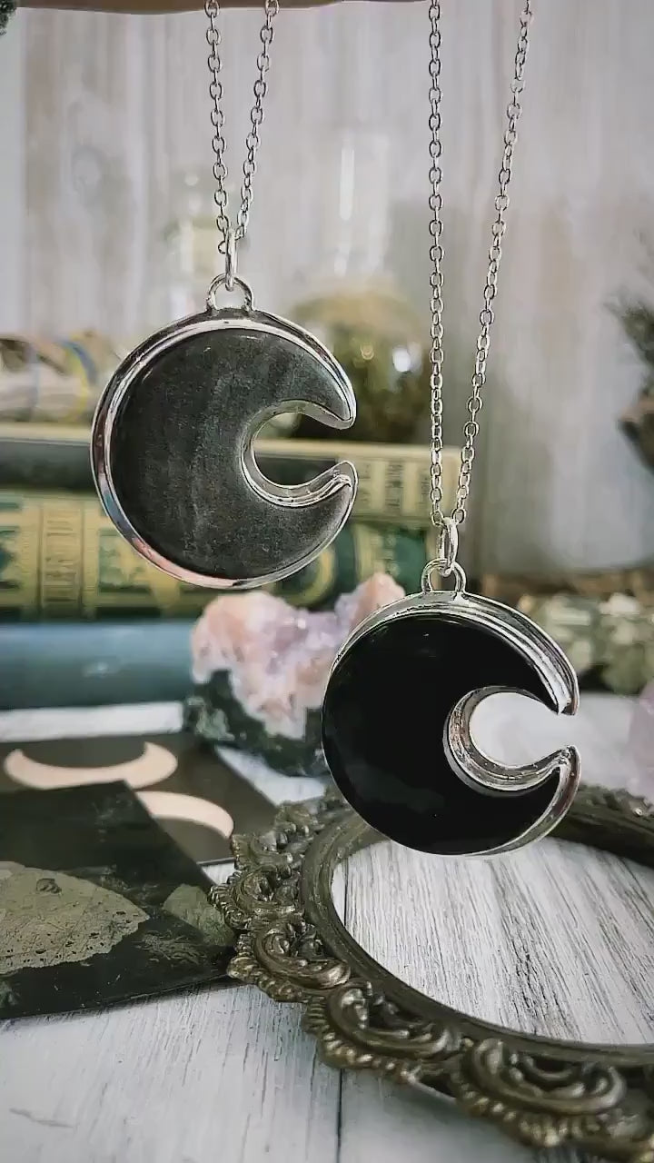 Crescent Moon Black Onyx Crystal Necklace in Sterling Silver / Designed by FOXLARK Collection