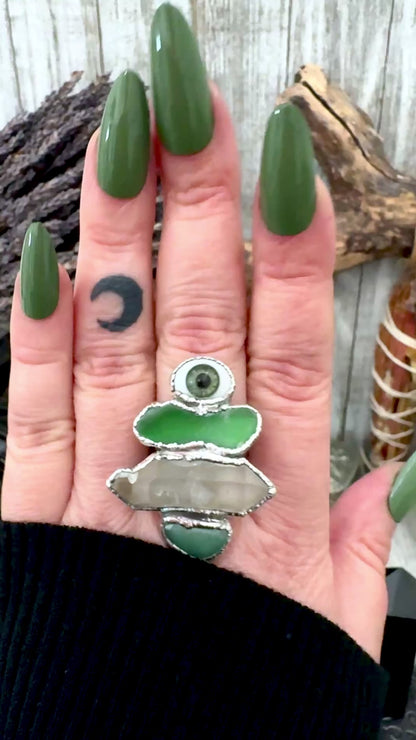Multi Stone Glass Eye Sea Glass Clear Quartz & Aventurine  Ring In Fine Silver Size 10 / Foxlark Collection