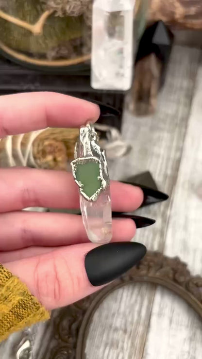 Clear Quartz & Green Sea Glass Crystal Statement Necklace in Fine Silver / Foxlark Collection - One of a Kind