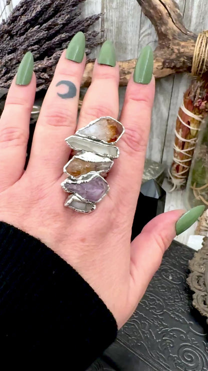 Multi Stone Clear Quartz Amethyst & Citrine Ring In Fine Silver Size 9 / Foxlark Collection