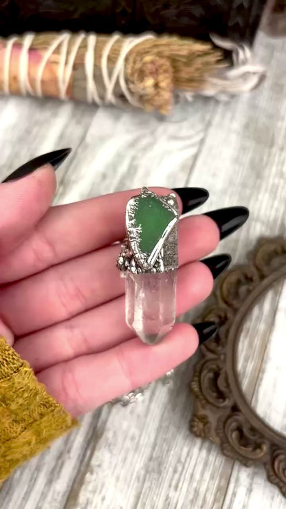 Clear Quartz & Green Sea Glass Crystal Statement Necklace in Fine Silver / Foxlark Collection - One of a Kind