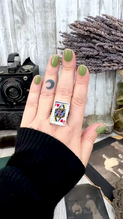 Playing Games - Queen Of Hearts Playing Card Ring Fine Silver Size 9 11 / One of a Kind