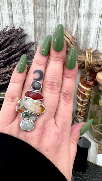 Multi Stone Rainbow Moonstone Moss Agate Citrine Carnelian & Star Ruby Ring In Fine Silver Size 8 / Foxlark Collection