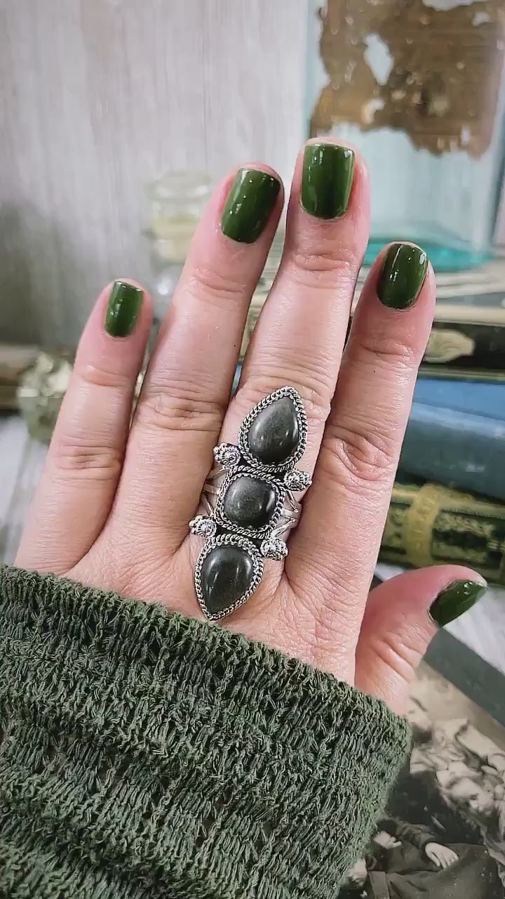 Triple Stone Silver Sheen Obsidian Ring in Solid Sterling Silver- Designed by FOXLARK Collection Size 5 6 7 8 9 10 11 / Gothic Jewelry.