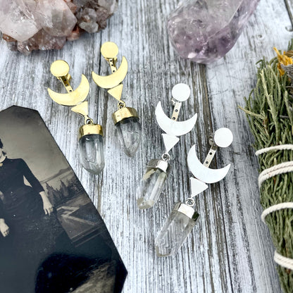 Crescent Moon Ear Jacket Earrings with Natural Clear Quartz Crystals set in Brass or Sterling Silver.