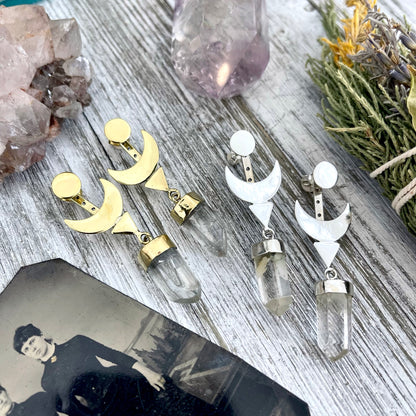 Crescent Moon Ear Jacket Earrings with Natural Clear Quartz Crystals set in Brass or Sterling Silver.