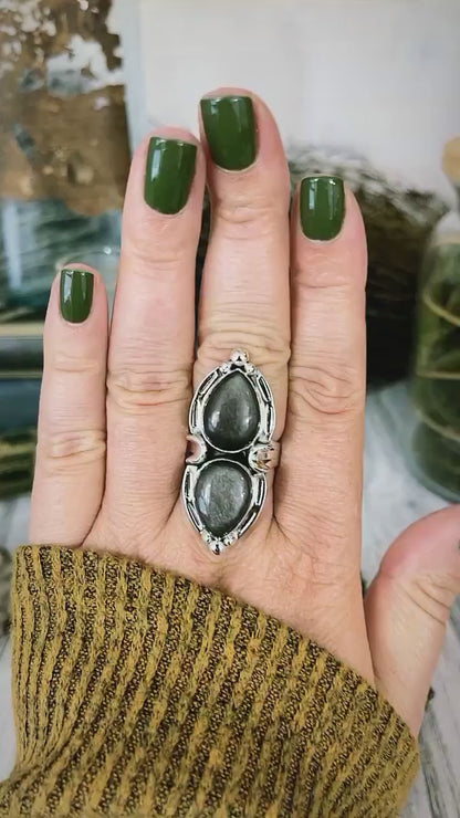 Mystic Moons Silver Sheen Obsidian Crystal Ring in Solid Sterling Silver- Designed by FOXLARK Collection Size 5 6 7 8 9 10 11 Adjustable.