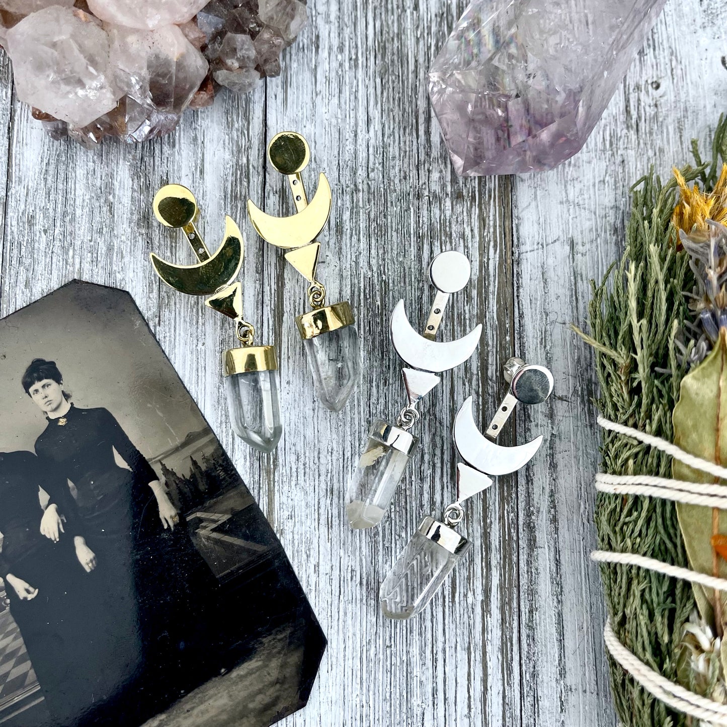 Crescent Moon Ear Jacket Earrings with Natural Clear Quartz Crystals set in Brass or Sterling Silver.