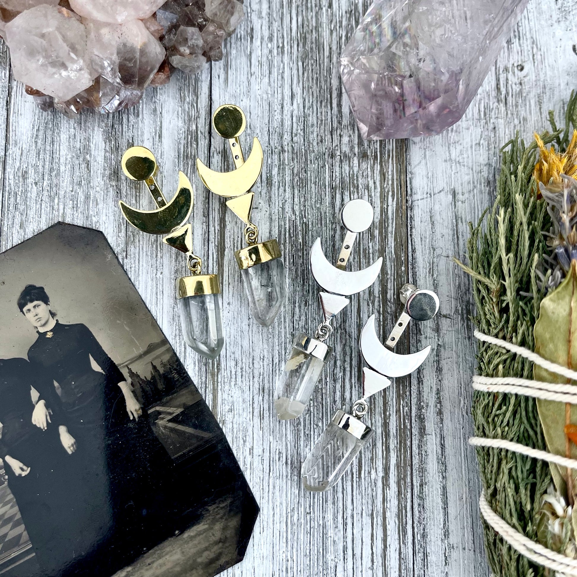 Crescent Moon Ear Jacket Earrings with Natural Clear Quartz Crystals set in Brass or Sterling Silver.