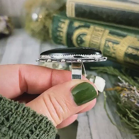 Black Onyx Teardrop Crystal Statement Ring in Sterling Silver- Designed by FOXLARK Collection Adjusts to size 6,7,8,9, or 10.