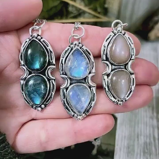 Rainbow Moonstone Mystic Moon Crystal Statement Necklace in Sterling Silver / Designed by FOXLARK Collection.