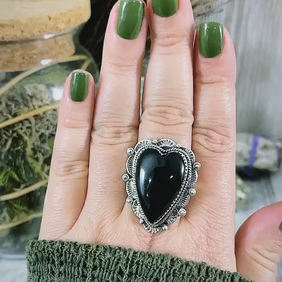 Black Onyx Heart Crystal Statement Ring in Sterling Silver- Designed by FOXLARK Collection Adjusts to size 6,7,8,9, or 10 / Gothic Jewelry.