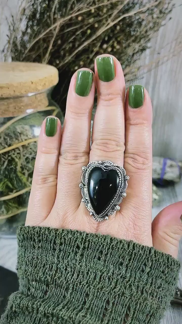 Black Onyx Heart Crystal Statement Ring in Sterling Silver- Designed by FOXLARK Collection Adjusts to size 6,7,8,9, or 10 / Gothic Jewelry.