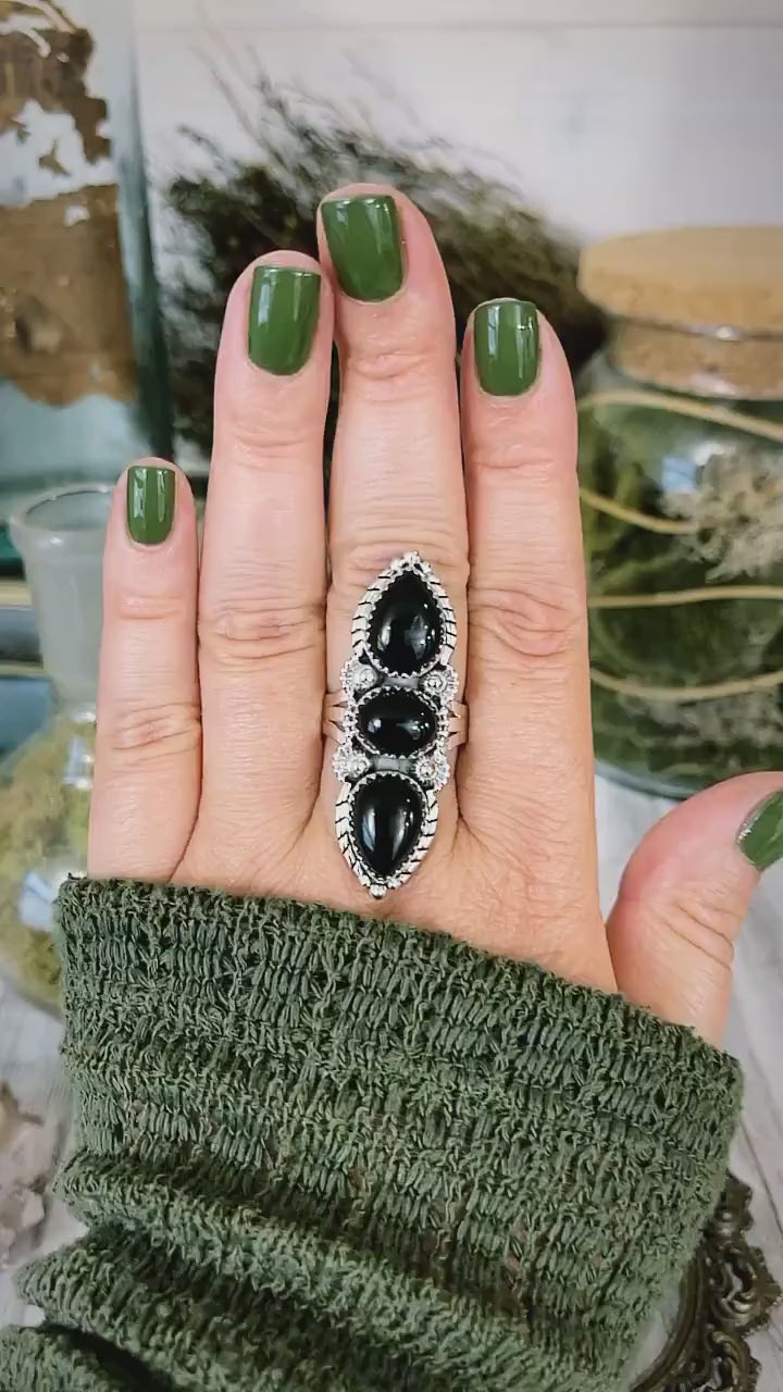 Three Stone Black Onyx Ring in Sterling Silver- Designed by FOXLARK Collection Adjustable to Size 6 7 8 9 / Big Crystal Ring Witchy Jewelry.