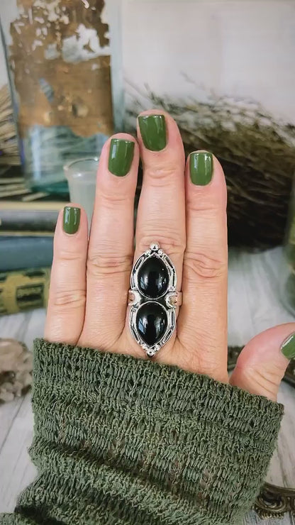 Mystic Moons Black Onyx Crystal Ring in Solid Sterling Silver- Designed by FOXLARK Collection Size 6 7 8 9 10 / Gothic Jewelry.