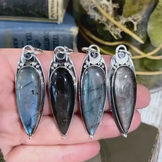 Magic Moon Crystal Necklace in Sterling Silver- Silver Sheen Obsidian, Black Onyx or Labradorite -Designed by FOXLARK Collection.