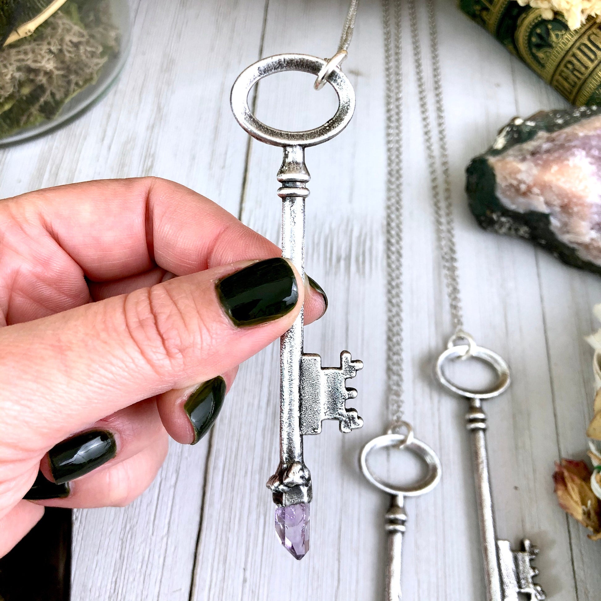 Raw Vera Cruz Amethyst Crystal Vintage Skeleton Key Necklace Pendant in Fine Silver  / Foxlark Collection - One of a Kind.