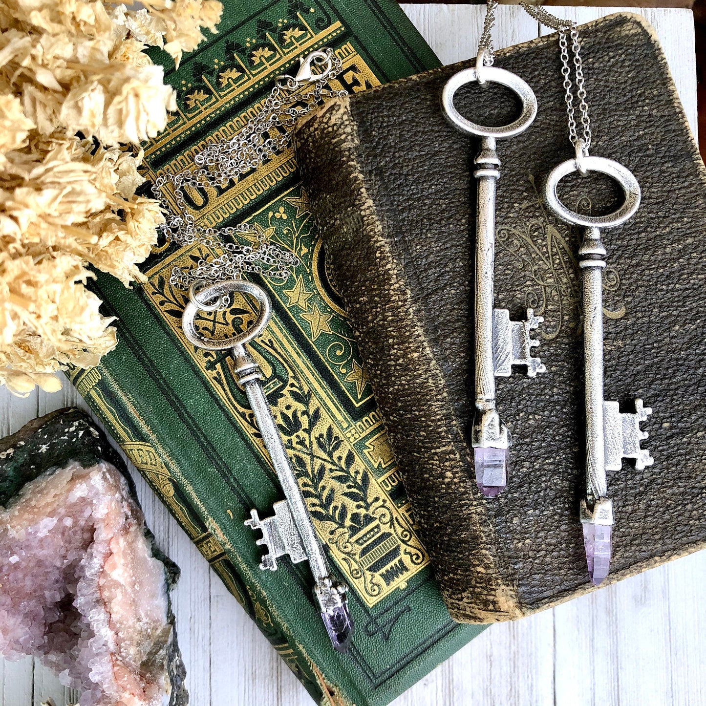 Raw Vera Cruz Amethyst Crystal Vintage Skeleton Key Necklace Pendant in Fine Silver  / Foxlark Collection - One of a Kind.