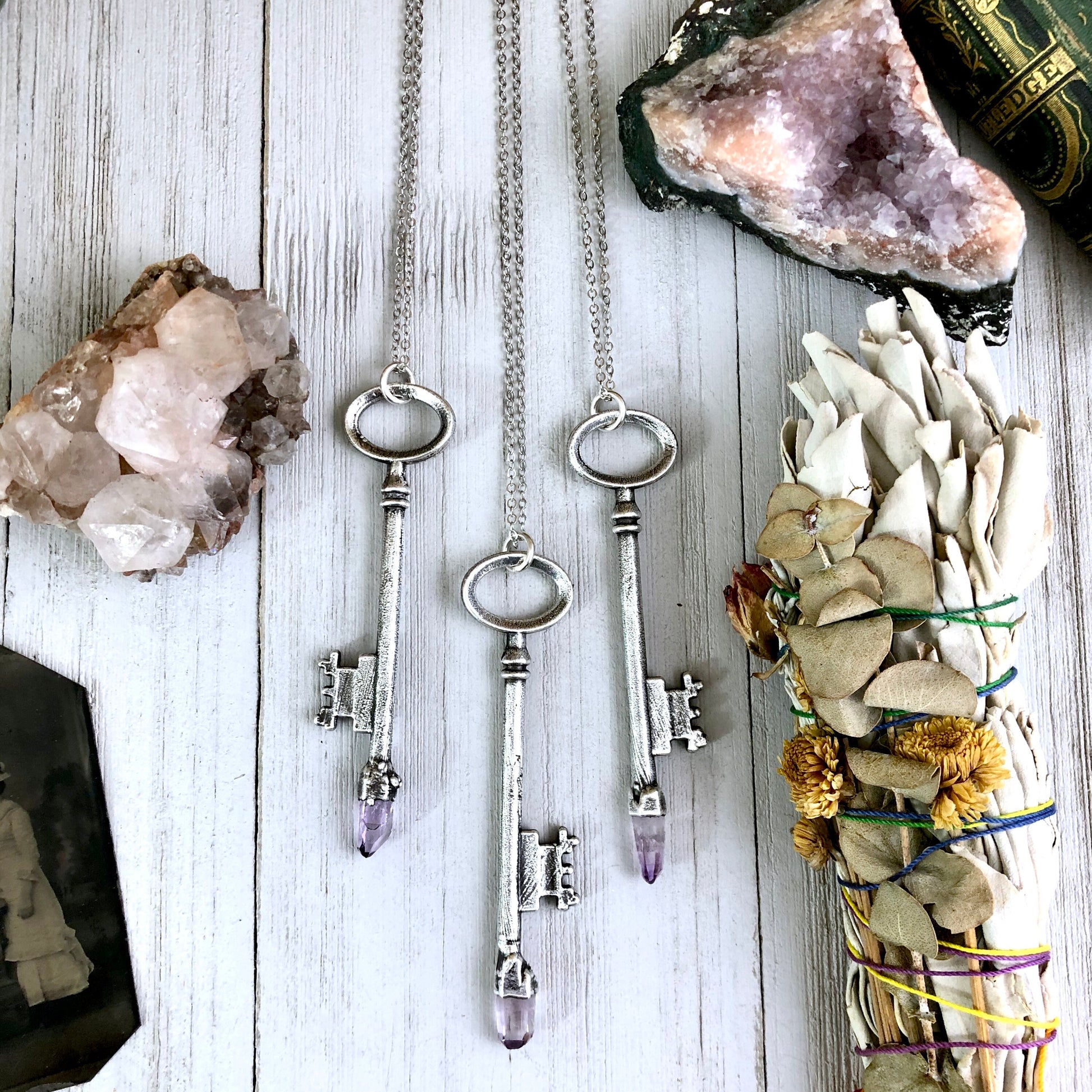 antique key necklace, Crystal Necklaces, Etsy ID: 745548723, FOXLARK- NECKLACES, Gothic Jewelry, Jewelry, Necklaces, Raw Amethyst Jewelry, raw crystal jewelry, Raw crystal necklace, Raw Crystal Pendant, Raw Stone Jewelry, Skeleton Key, Steampunk Jewelry,