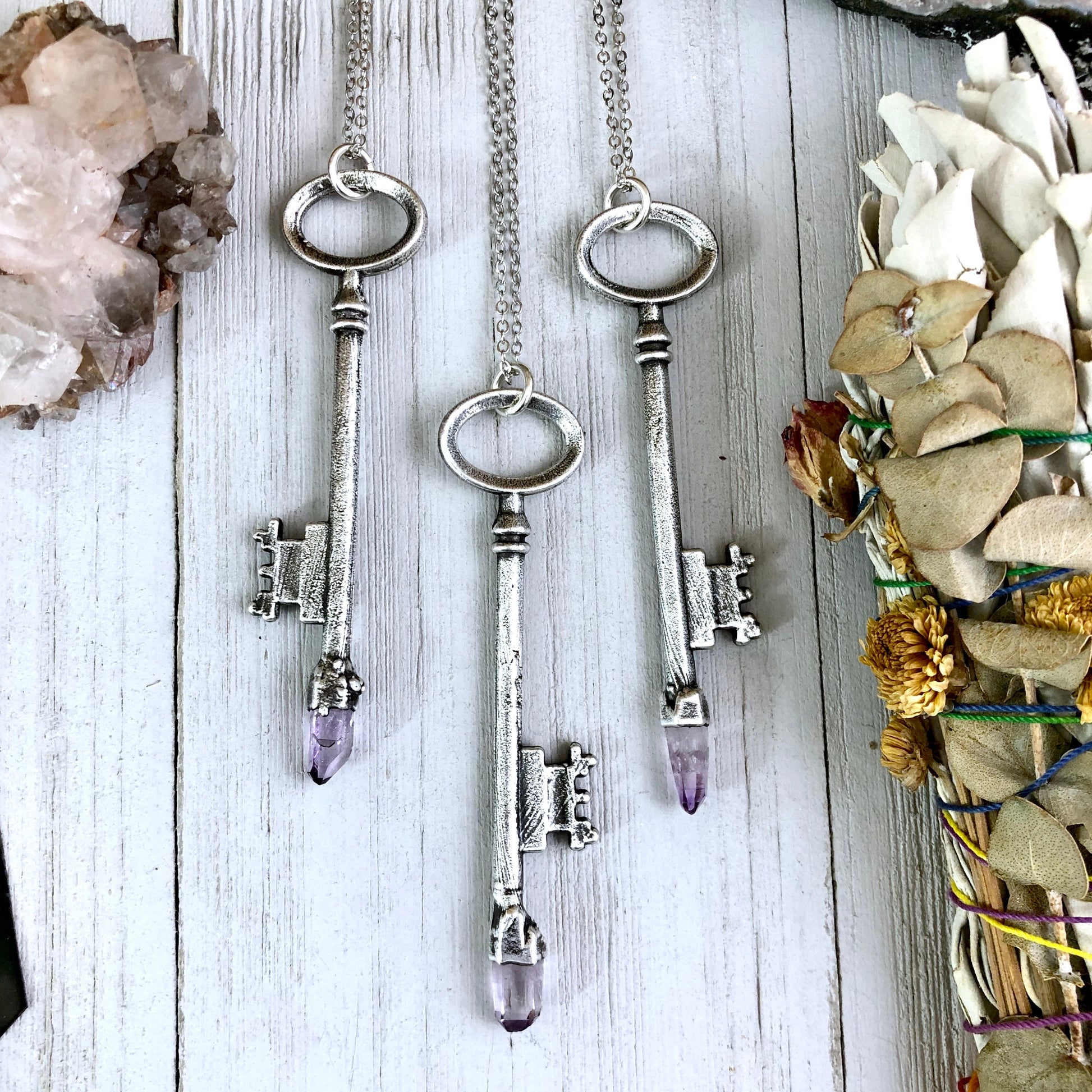 Raw Vera Cruz Amethyst Crystal Vintage Skeleton Key Necklace Pendant in Fine Silver  / Foxlark Collection - One of a Kind.