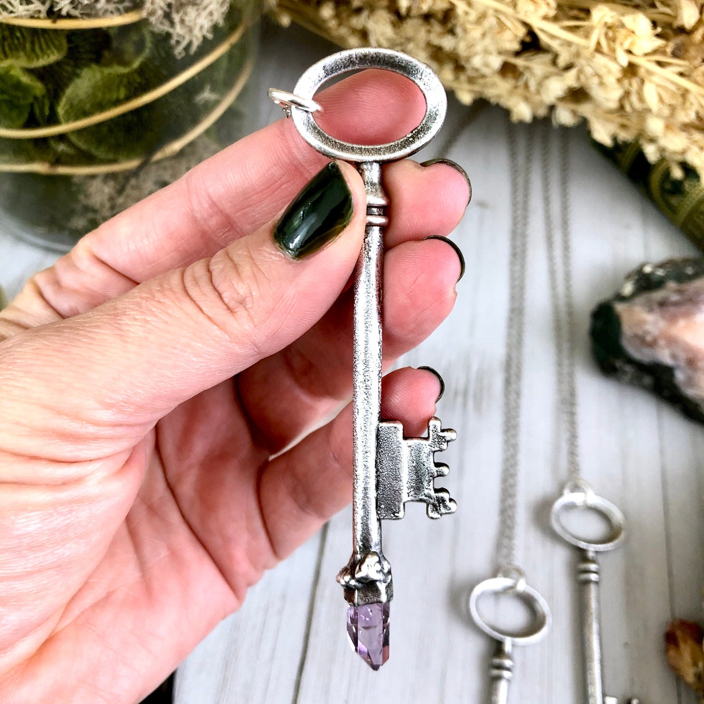 antique key necklace, Crystal Necklaces, Etsy ID: 745548723, FOXLARK- NECKLACES, Gothic Jewelry, Jewelry, Necklaces, Raw Amethyst Jewelry, raw crystal jewelry, Raw crystal necklace, Raw Crystal Pendant, Raw Stone Jewelry, Skeleton Key, Steampunk Jewelry,