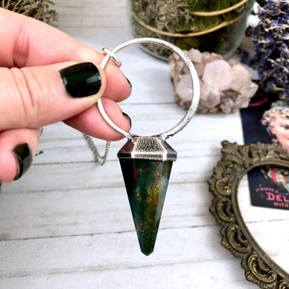 Bloodstone Jewelry, Bloodstone Necklace, Crystal Jewelry, Crystal Necklaces, Crystal Pendulum, Etsy ID: 746962596, FOXLARK- NECKLACES, Gothic Jewelry, Green Stone, healing crystals, Jewelry, Layering Necklace, Necklaces, Pendulum Necklace, Raw Crystal Nec