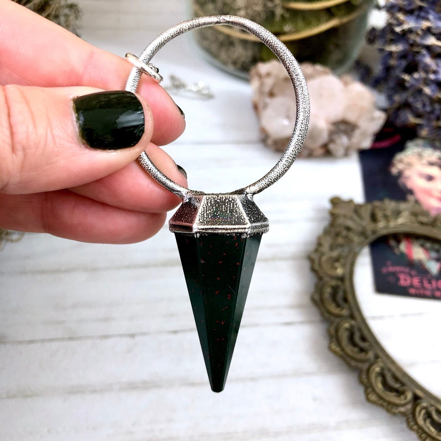 Silver Crystal Pendulum Necklace / Bloodstone Necklace in Silver.