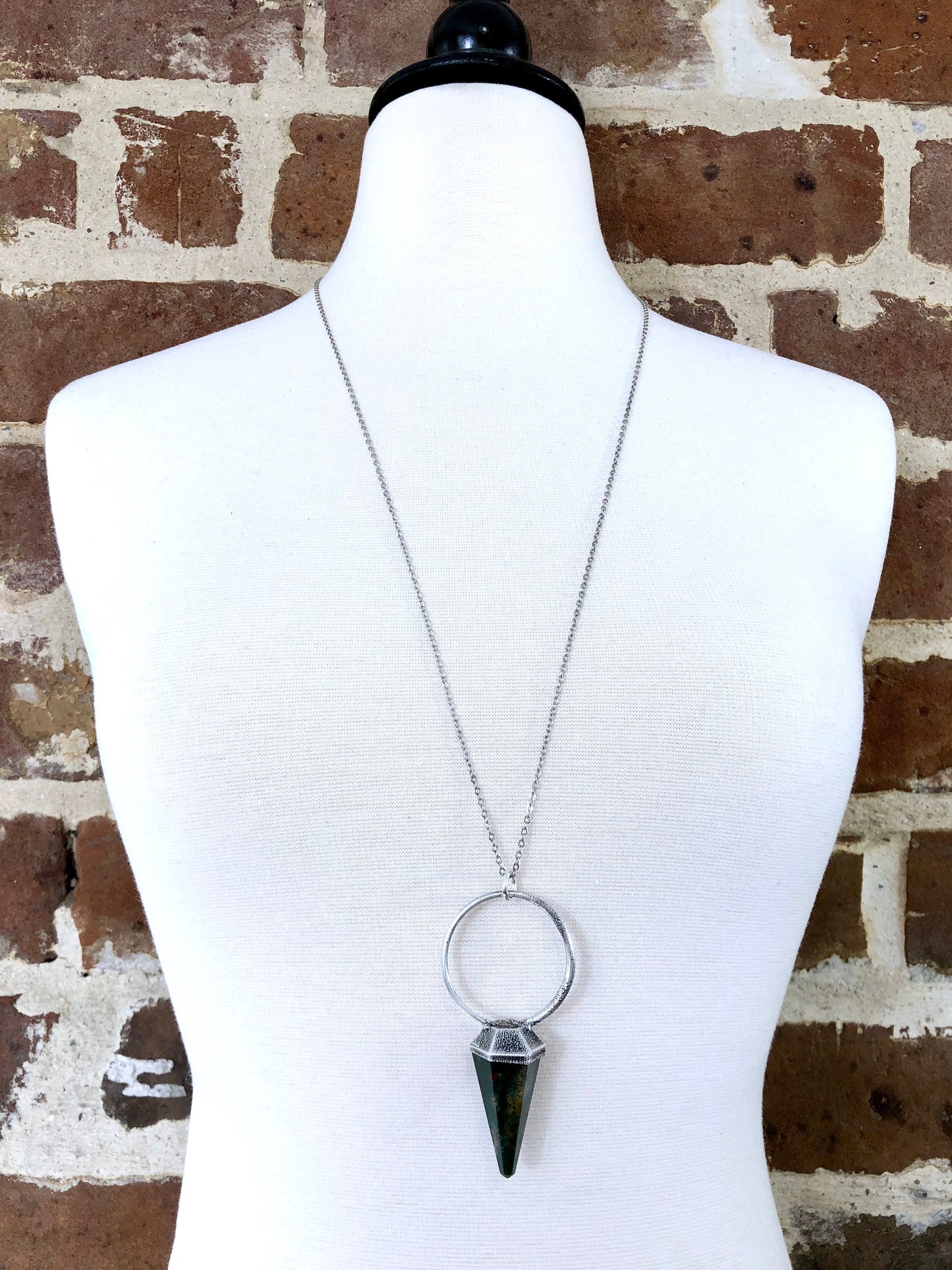 Silver Crystal Pendulum Necklace / Bloodstone Necklace in Silver.