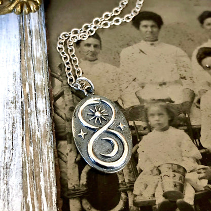 Tiny Talisman Collection - Sterling Silver Infinity Snake Pendant with Sun and Moon 22x13mm  /.