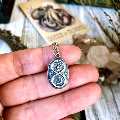 Tiny Talisman Collection - Sterling Silver Infinity Snake Pendant with Sun and Moon 22x13mm  /.