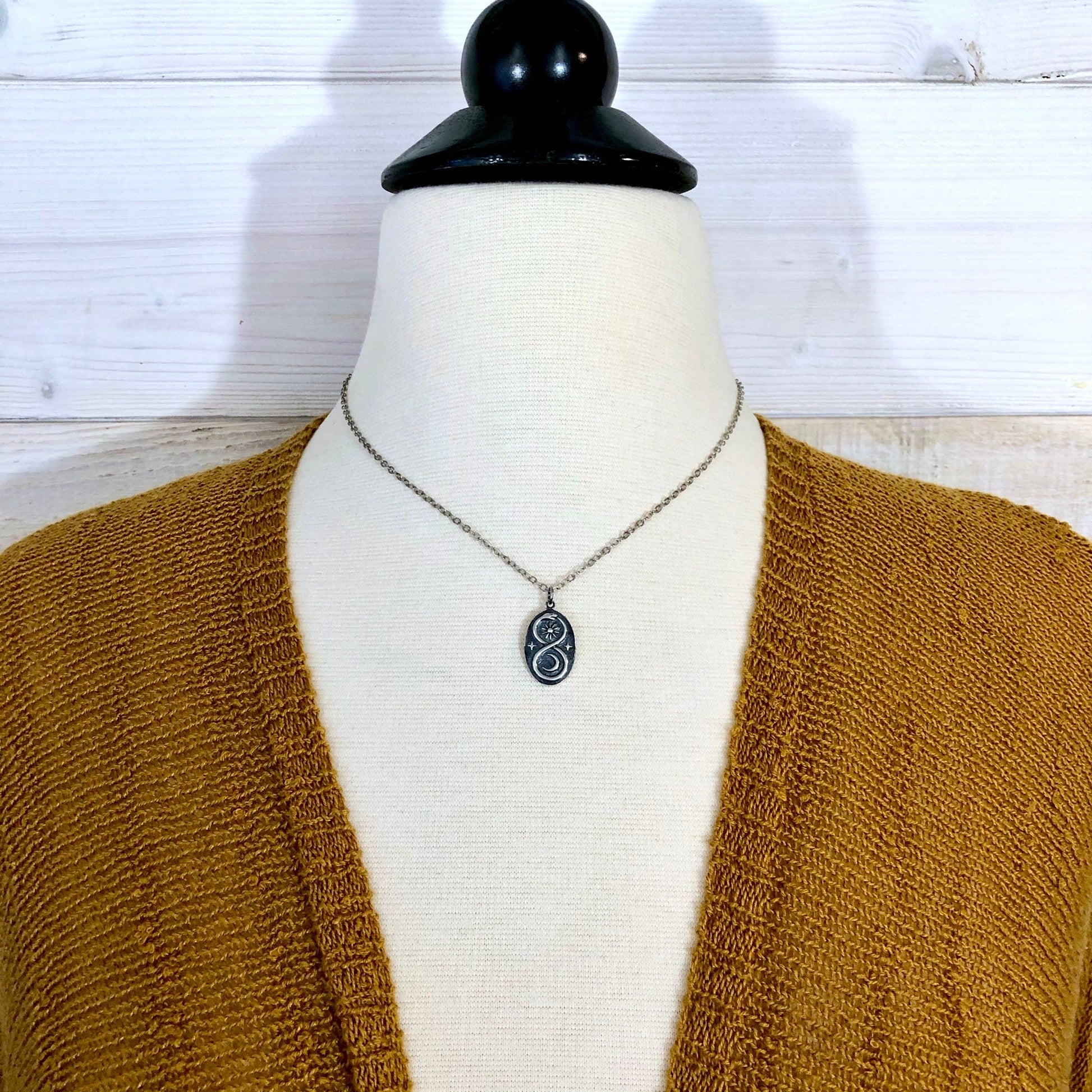 Tiny Talisman Collection - Sterling Silver Infinity Snake Pendant with Sun and Moon 22x13mm  /.