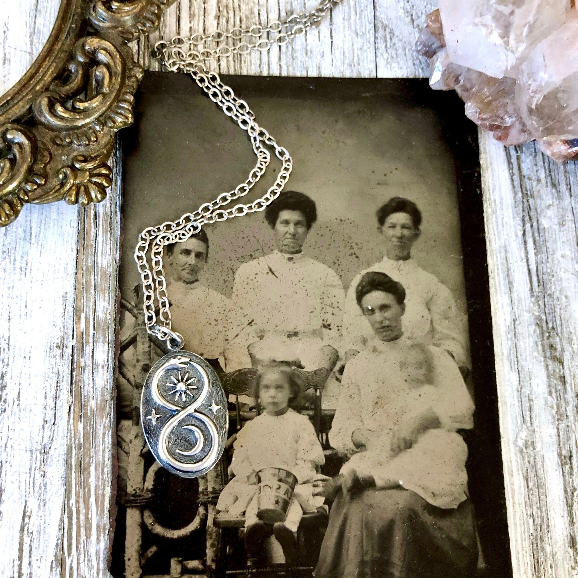 Tiny Talisman Collection - Sterling Silver Infinity Snake Pendant with Sun and Moon 22x13mm  /.